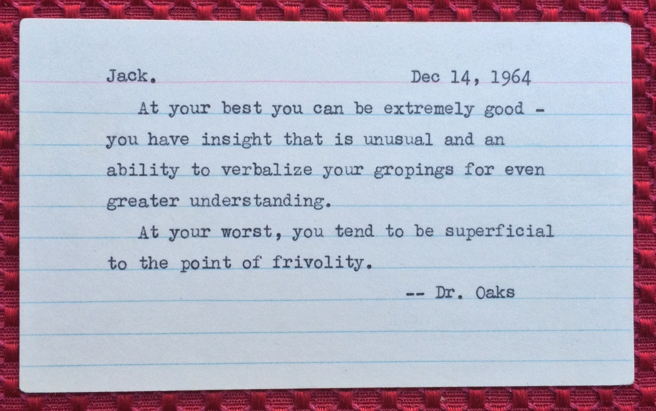 Dr Oaks' 3 x 5 card