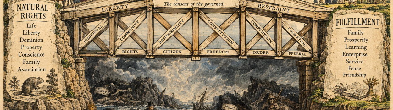 Opposing trusses form the constitutional bridge from rights to fulfillment.