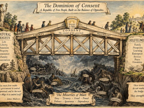 Opposing trusses form the constitutional bridge from rights to fulfillment.