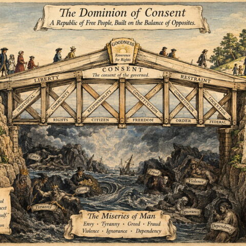 Opposing trusses form the constitutional bridge from rights to fulfillment.